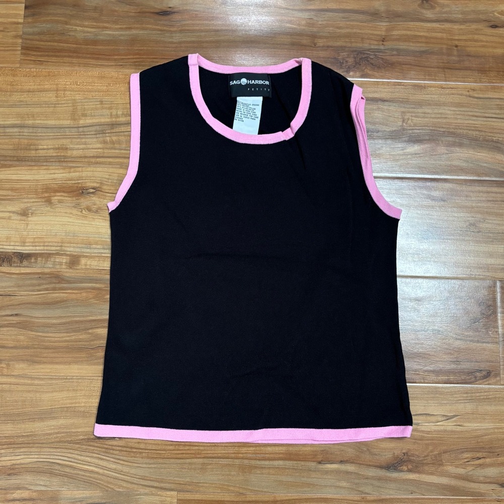 Vintage 90s Sag‎ Harbor Petite Tank Top Sleeveless Knit Pink Trim Casual Top
